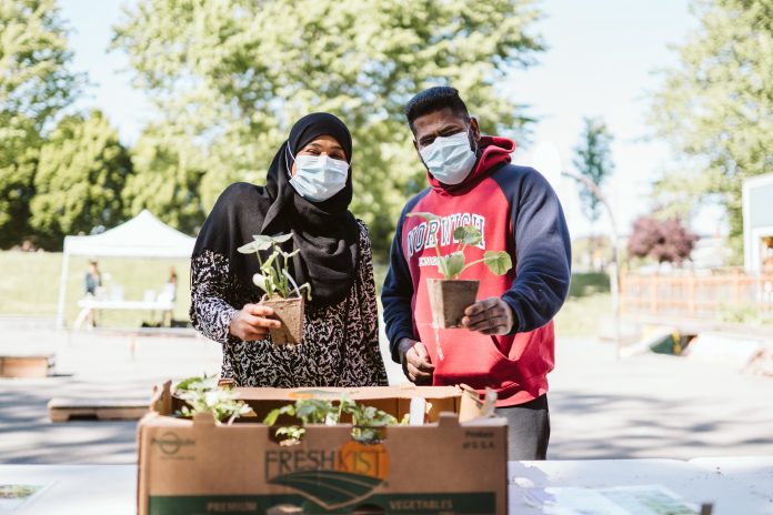 Two people wearing masks and holding up small plants